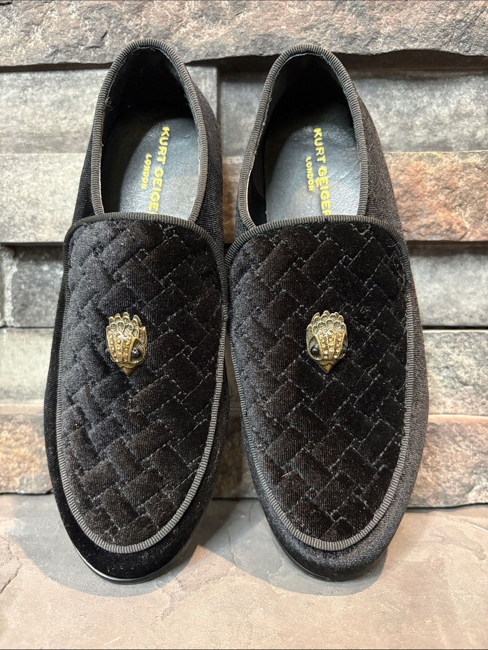 Kurt Geiger Boys Hugh Eagle Drench Black Velvet Quilted Slip-On Loafers